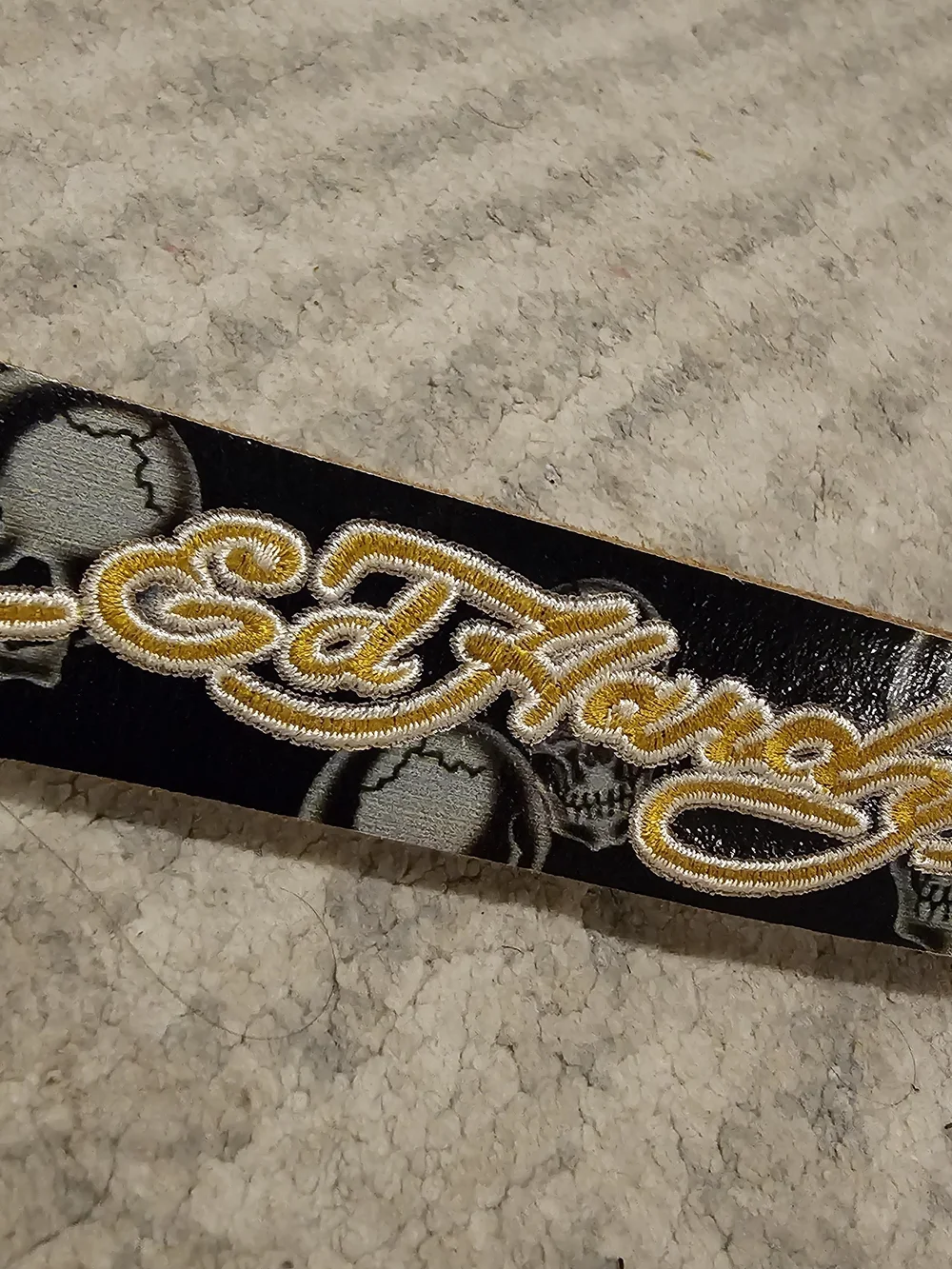 Y2k Ed Hardy Black Leather Belt with Cream Skull Motif and Gold Script - Picture 2 of 7